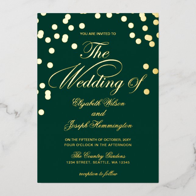 Elegant Emerald Green Gold Confetti Wedding   Foil Invitation (Front)