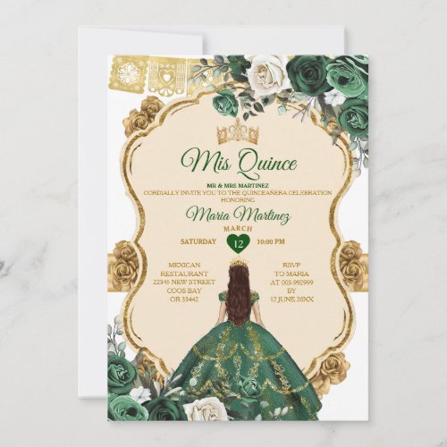 Elegant Emerald Green  Gold Crown Quinceaera Invitation