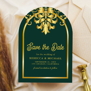 Elegant Emerald Green Gold Damask Wedding Photo Save The Date