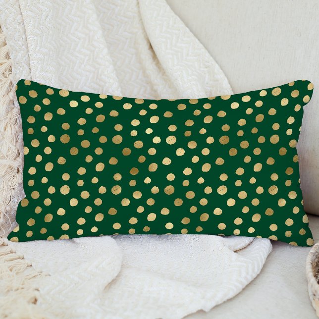 Elegant Emerald Green Gold Dots Pattern Lumbar Pillow (Creator Uploaded)
