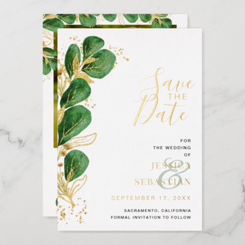 Elegant Emerald Green  Gold Eucalyptus Photo Foil Invitation