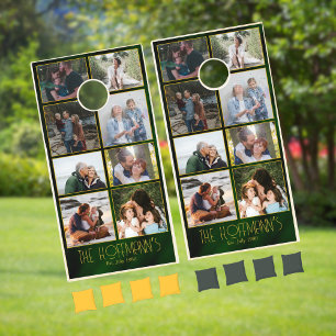 Elegant Emerald Green Gold Family Photo Cornhole Set