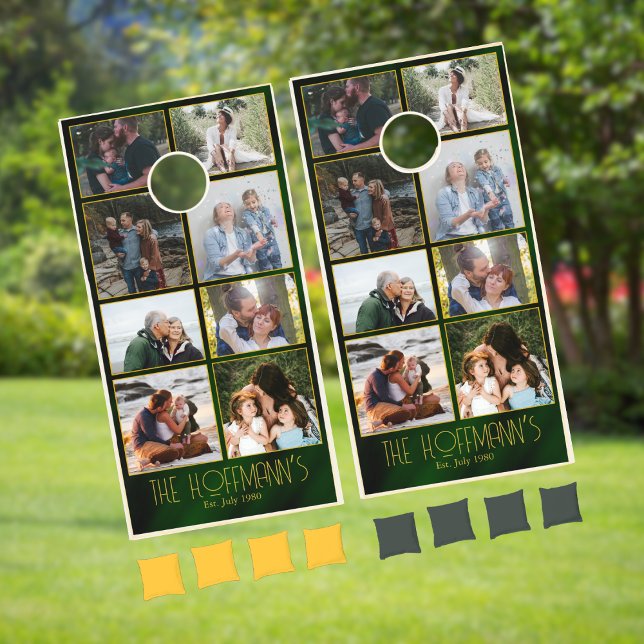 Elegant Emerald Green Gold Family Photo  Cornhole Set (Creator Uploaded)