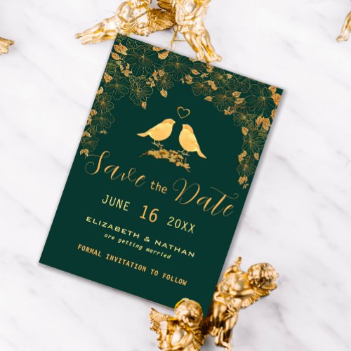 Elegant Emerald Green  Gold Floral Birds Save The Save The Date