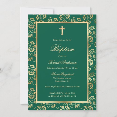Elegant Emerald Green Gold Floral Boy Baptism Invitation