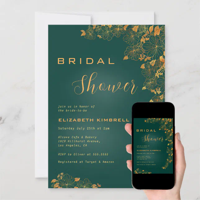 Elegant Emerald Green Gold Floral Bridal Shower Invitation Zazzle