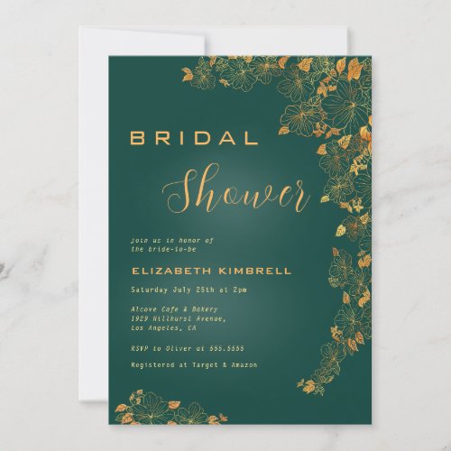 Elegant Emerald Green Gold Floral Bridal Shower Invitation