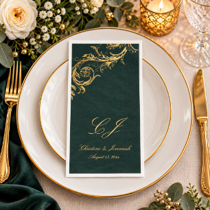 Elegant Emerald Green Gold Floral Damask Wedding Paper Guest Towels