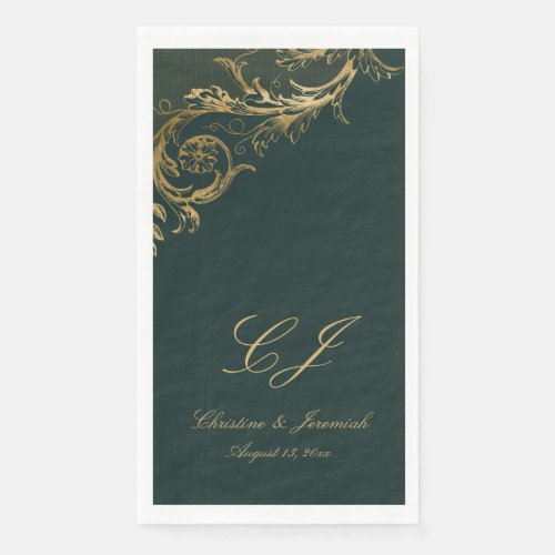 Elegant Emerald Green Gold Floral Damask Wedding Paper Guest Towels