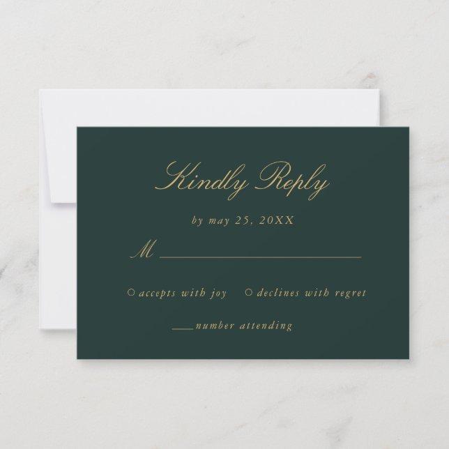 Elegant Emerald Green Gold Floral Damask Wedding RSVP Card (Front)