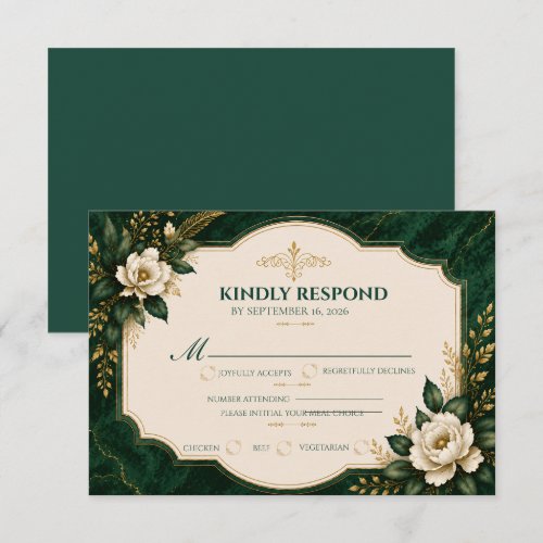 Elegant Emerald Green Gold Floral Marble Wedding RSVP Card