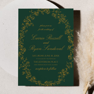 Elegant Emerald Green Gold Floral Roses Wedding Invitation