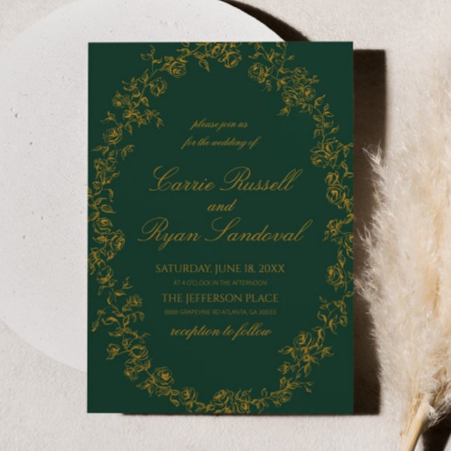 Elegant Emerald Green Gold Floral Roses Wedding Invitation (Creator Uploaded)