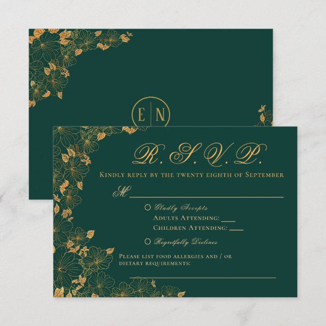 Elegant Emerald Green & Gold Floral RSVP Card (Front/Back)
