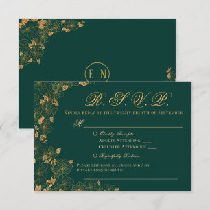 Elegant Emerald Green & Gold Floral RSVP Card