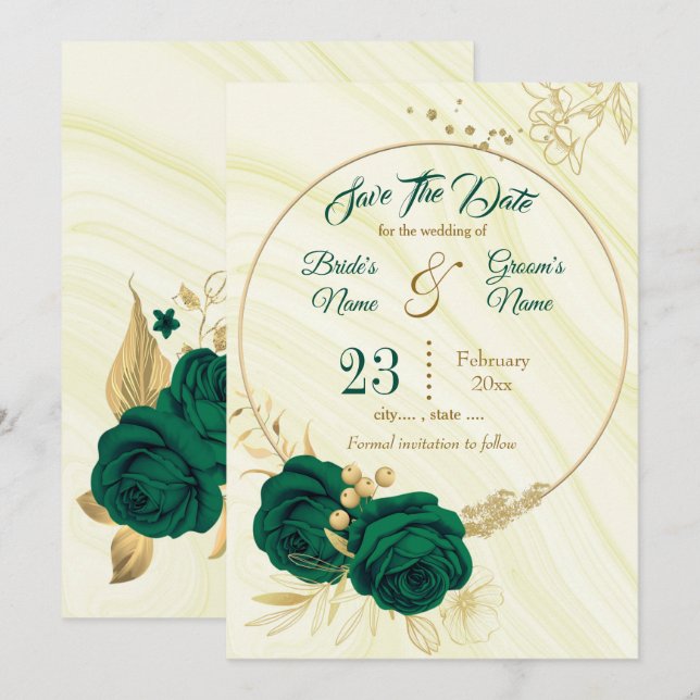 elegant emerald green gold floral save the date (Front/Back)