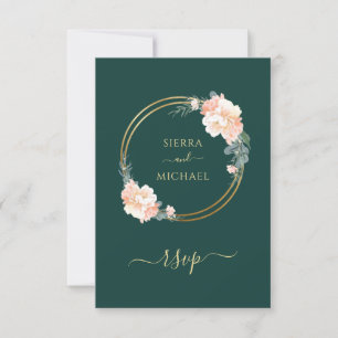 Elegant Emerald Green Gold Floral Wedding RSVP Card