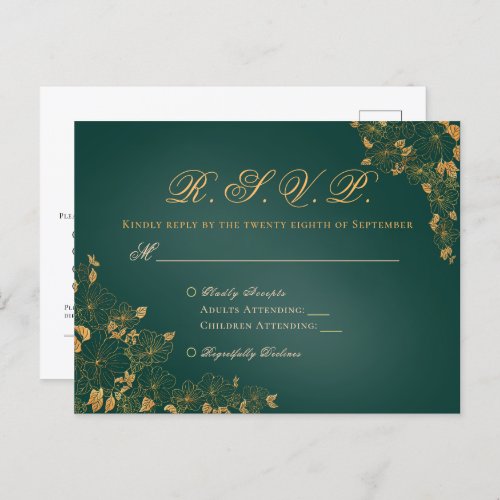 Elegant Emerald Green  Gold Floral Wedding RSVP Postcard