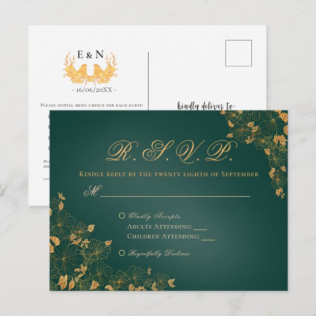 Elegant Emerald Green & Gold Floral Wedding RSVP Postcard (Front/Back)