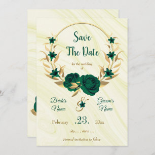 elegant emerald green gold floral wreath save the date