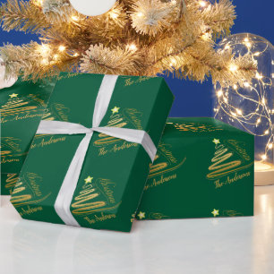 Elegant Emerald Green Gold Foil Christmas Tree Wrapping Paper