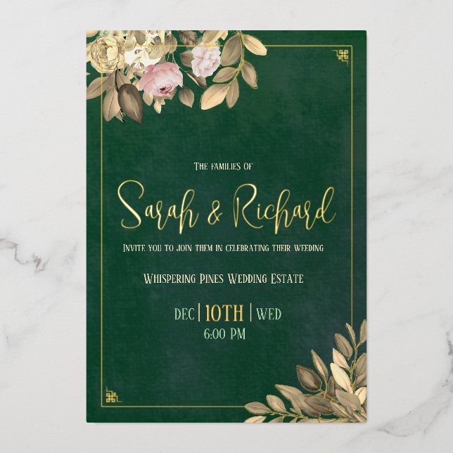 Elegant Emerald Green Gold Foil Wedding Foil Invitation (Front)