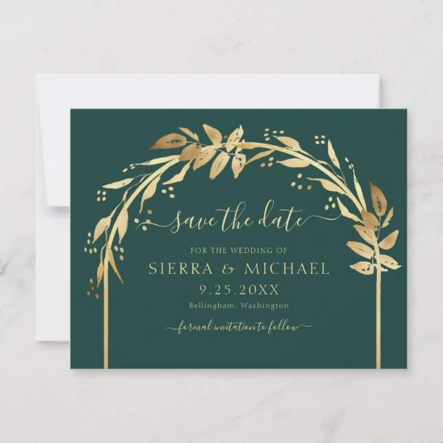 Elegant Emerald Green Gold Foliage Arch Wedding Save The Date (Front)