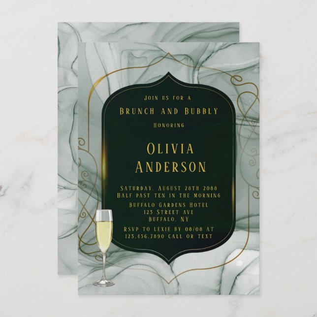 Elegant Emerald Green Gold Frame Brunch & Bubbly  Invitation (Front/Back)