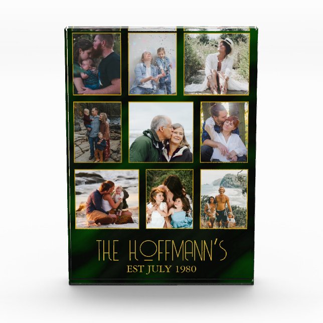Elegant Emerald Green Gold Frame Photo Collage Block (Front)