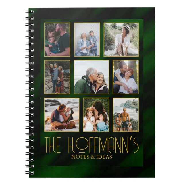 Elegant Emerald Green Gold Frame Photo Collage Notebook (Front)