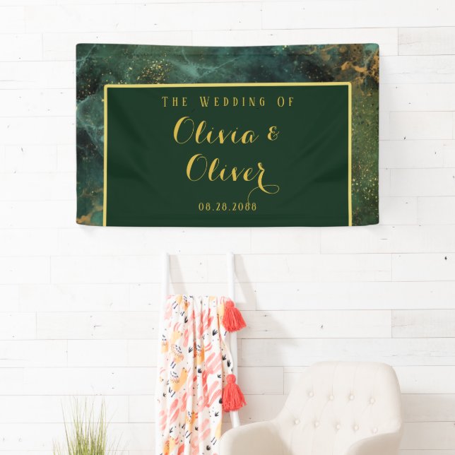 Elegant Emerald Green & Gold Glitter Wedding Banner (Insitu)