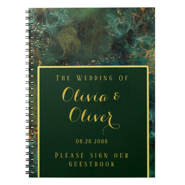 Elegant Emerald Green & Gold Glitter Wedding Guest Notebook (Front)