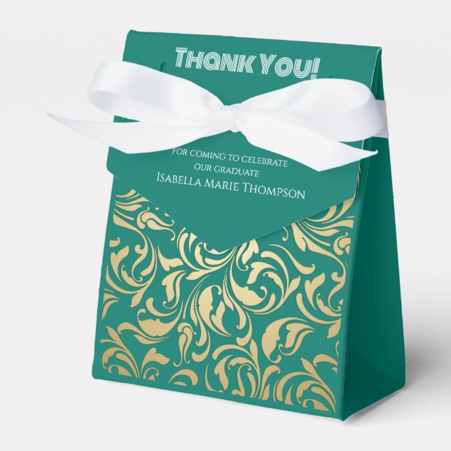 Elegant Emerald Green & Gold Graduation Favor Boxes (Front Side)