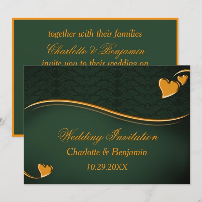 Elegant Emerald Green & Gold Heart Wedding  Invitation (Front/Back)
