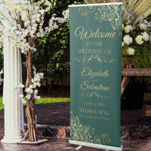 Elegant Emerald Green & Gold Lacy Wedding Welcome Retractable Banner