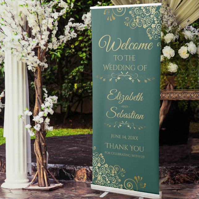 Elegant Emerald Green & Gold Lacy Wedding Welcome Retractable Banner (Creator Uploaded)