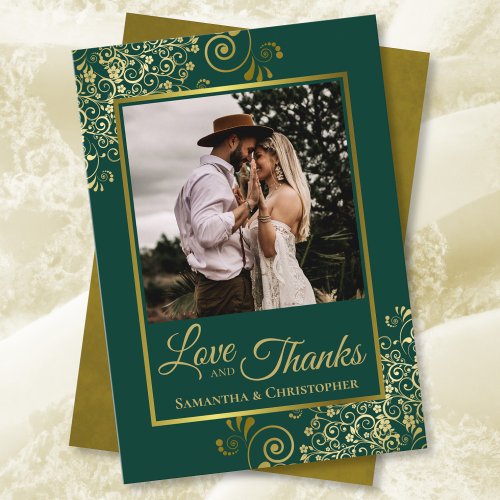 Elegant Emerald Green  Gold Love  Thanks Wedding Thank You Card