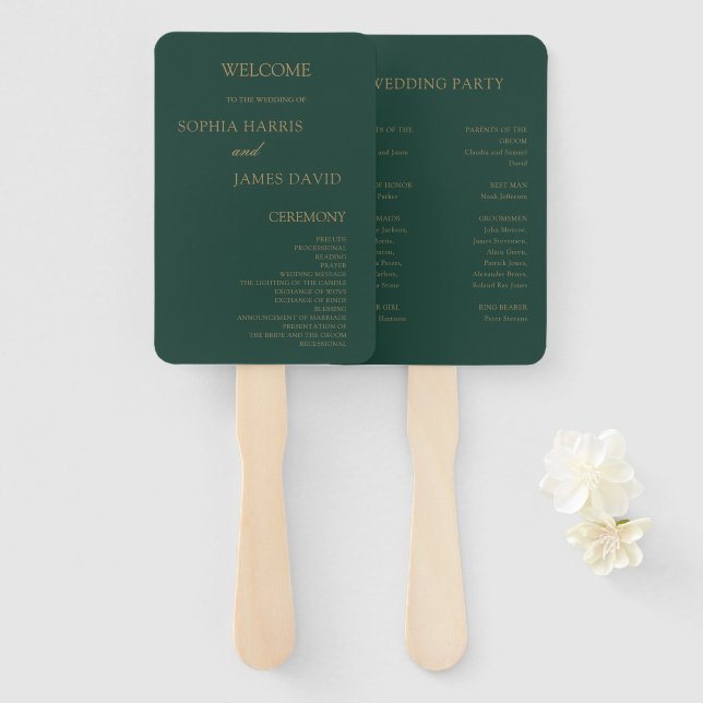 Elegant Emerald Green Gold Minimal Wedding Program Hand Fan (Front and Back)