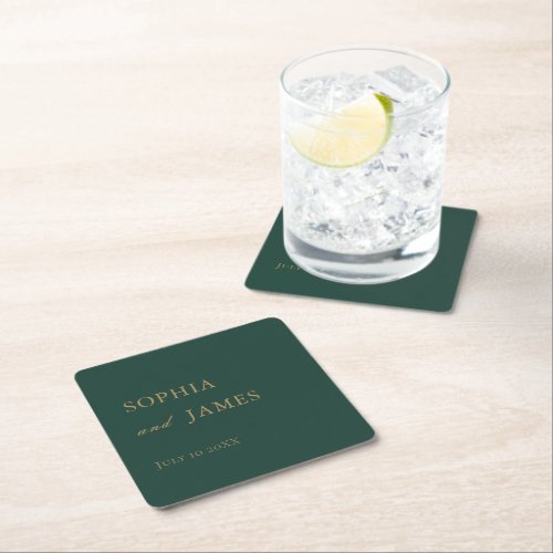 Elegant Emerald Green Gold Minimalist Wedding Square Paper Coaster