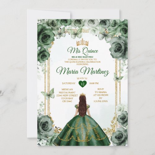 Elegant Emerald Green  Gold Mis Quince Sweet 16th Invitation
