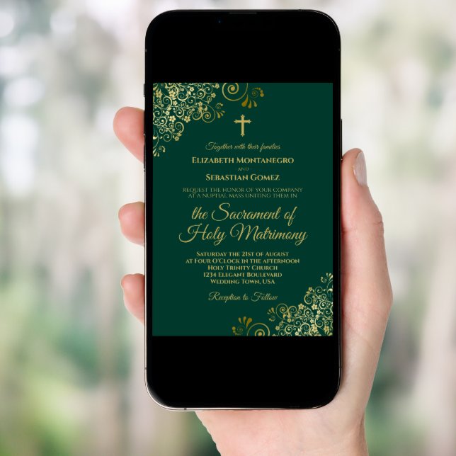 Elegant Emerald Green Gold Modern Catholic Wedding Invitation (Front Digital)