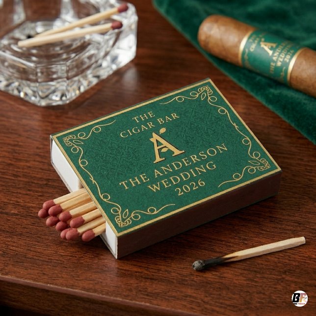 Elegant Emerald Green & Gold Monogram Cigar Bar Matchboxes (Creator Uploaded)