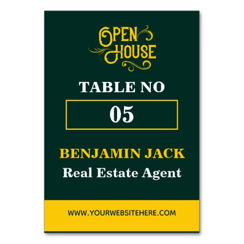 Elegant Emerald Green & Gold Open House For Sale Table Number