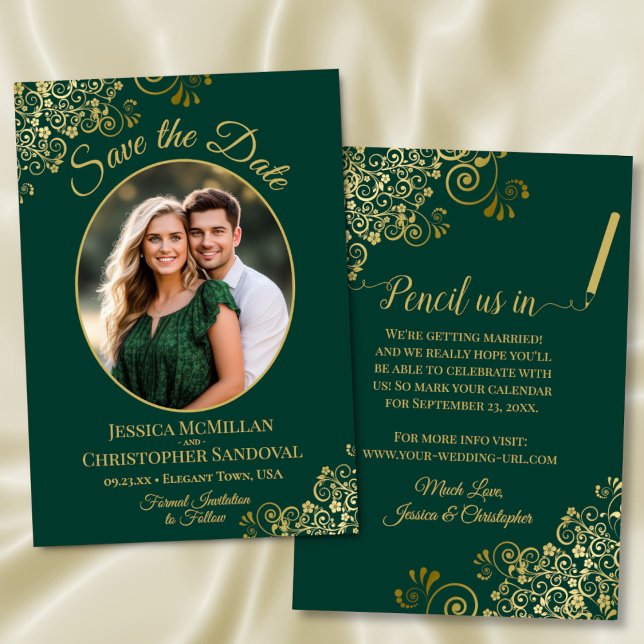 Elegant Emerald Green & Gold Oval Photo Wedding Save The Date (Front/Back)