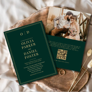 Elegant Emerald Green Gold Photo QR Code Wedding Invitation