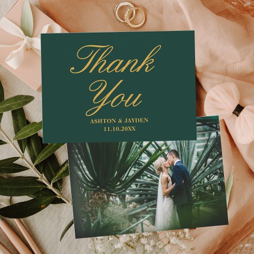 Elegant Emerald Green Gold Photo Wedding Thank You Card