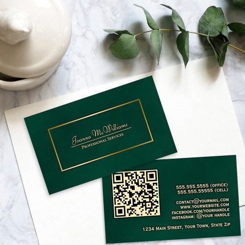 Elegant Emerald Green  Gold Professional QR Code Business Card