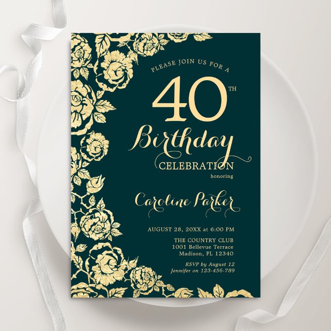 Elegant Emerald Green Gold Roses 40th Birthday Invitation (Creator Uploaded)