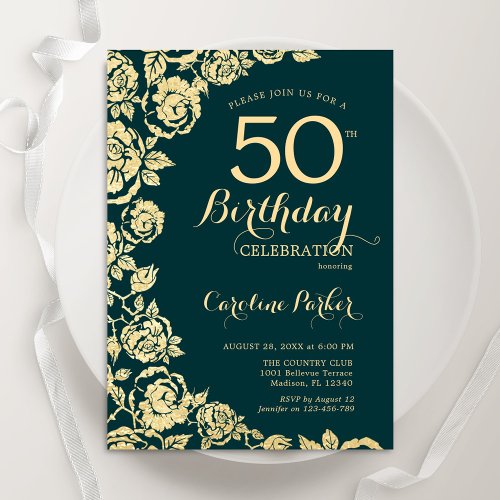 Elegant Emerald Green Gold Roses 50th Birthday Invitation