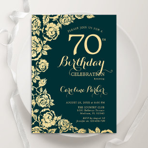Elegant Emerald Green Gold Roses 70th Birthday Invitation